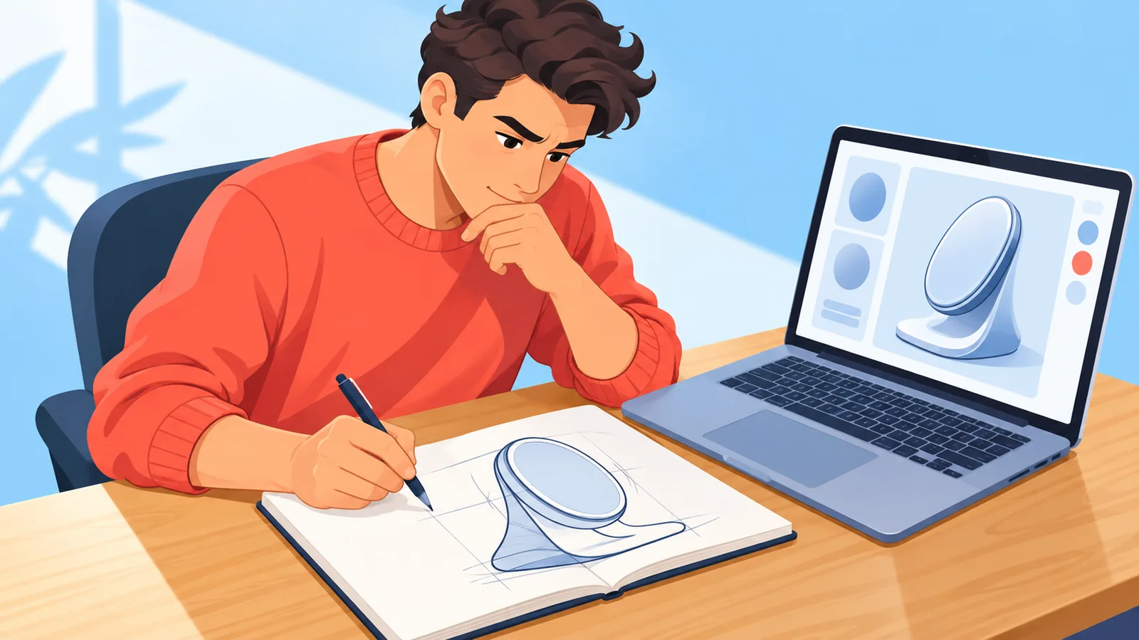 Founder sketching a product idea next to a laptop with an early prototype