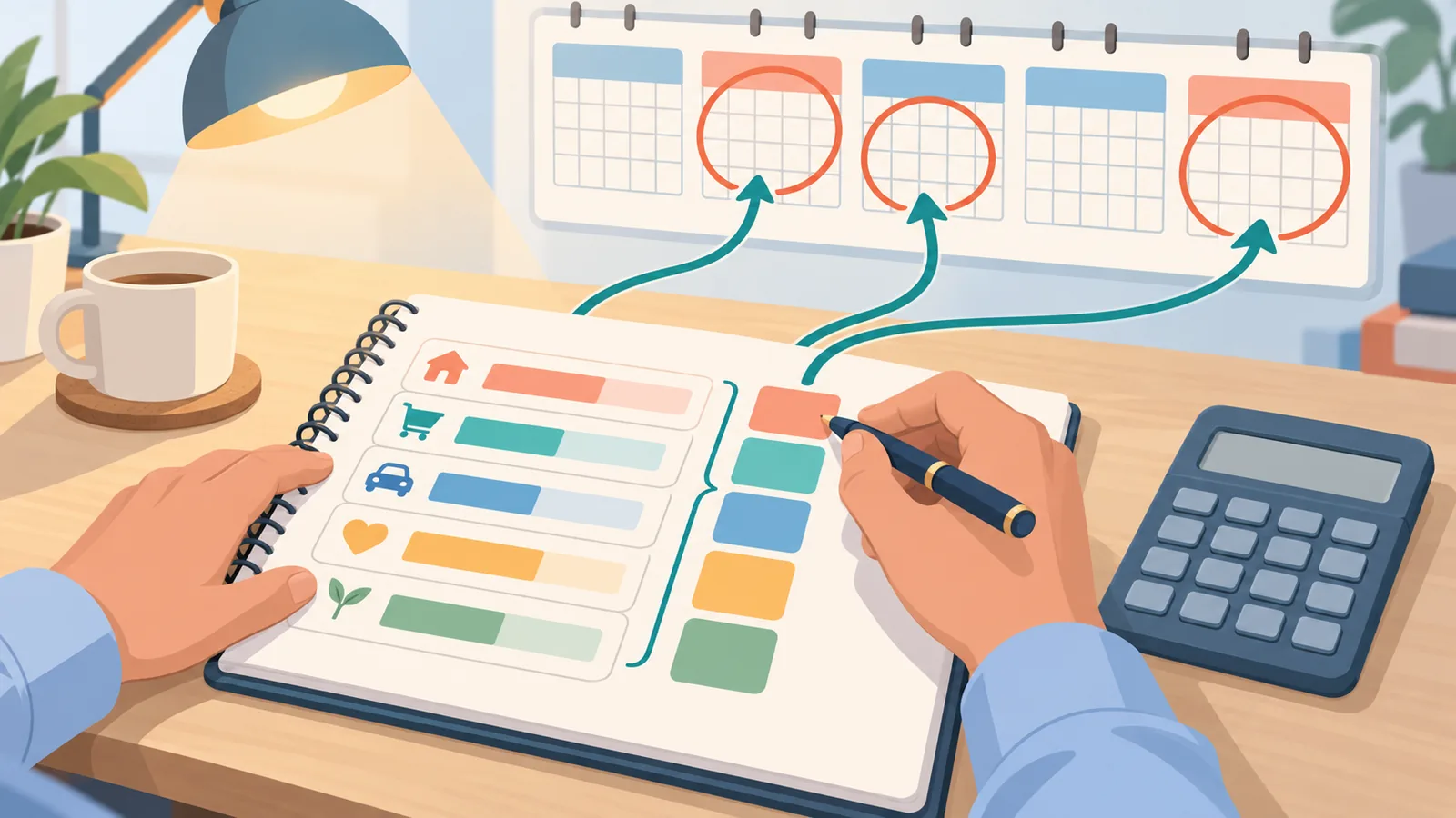 Founder planning a funding budget with a calculator and calendar