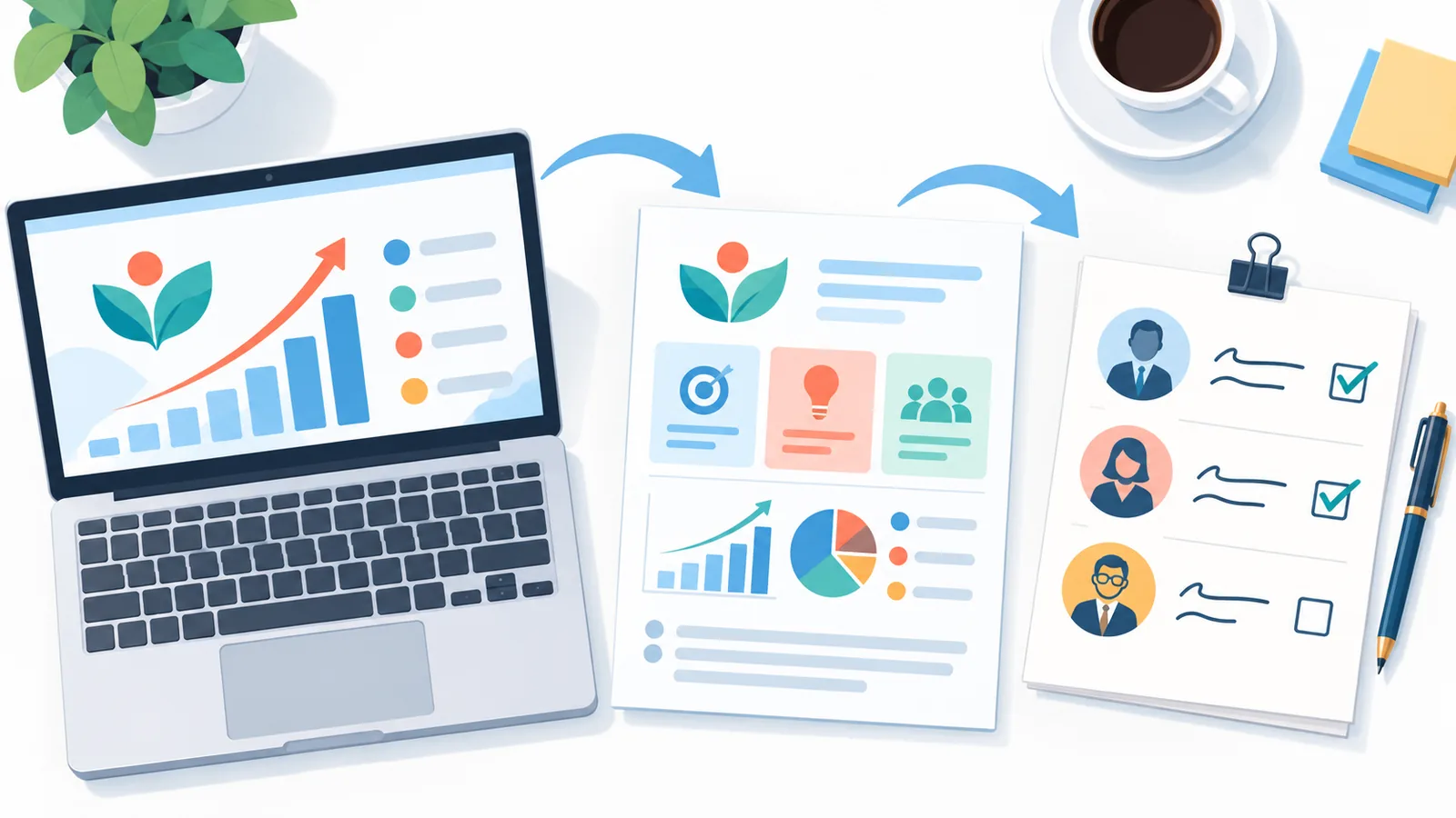 Pitch deck, business summary, and investor list on a desk