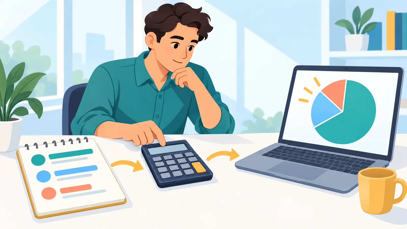 Founder calculating ownership dilution with a calculator and chart