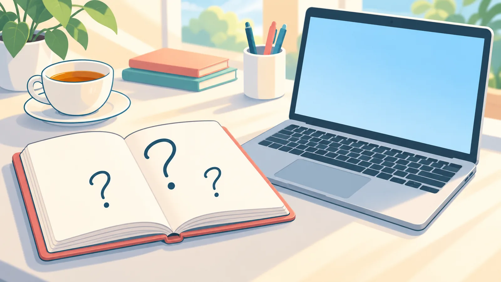 Notebook with questions beside a laptop on a desk