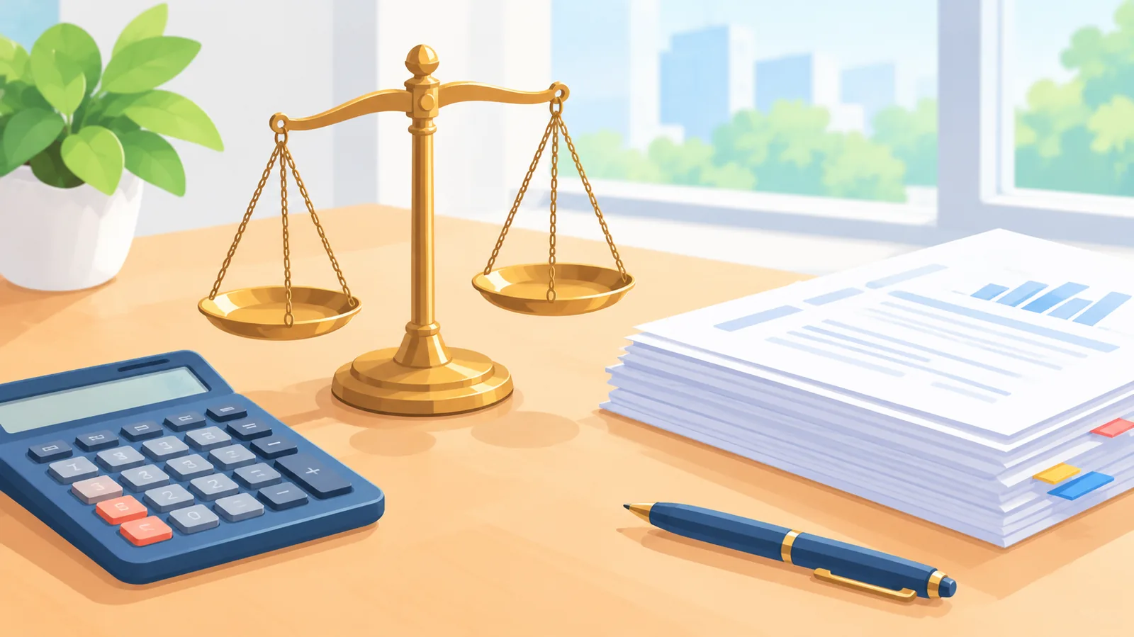 Balance scale with documents and a calculator