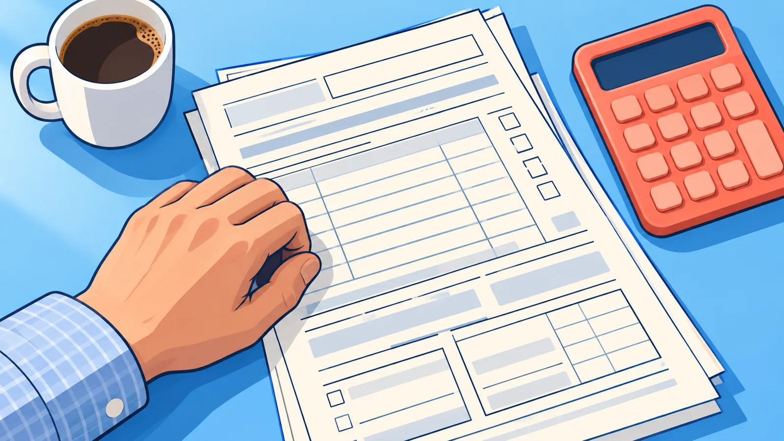 Kitchen table with tax forms and a calculator