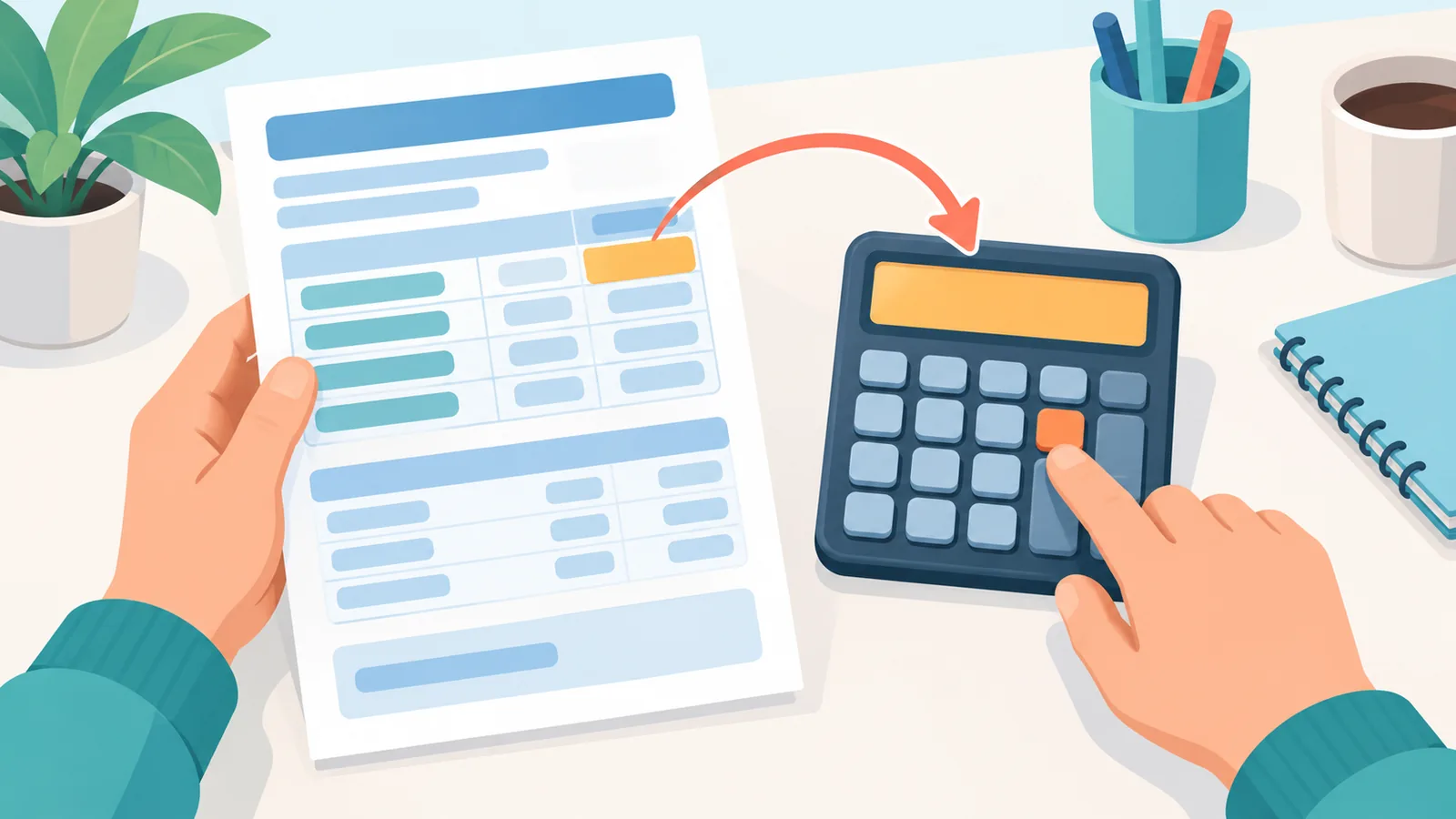 Hand using a calculator next to a pay stub