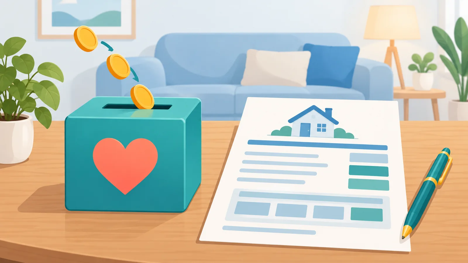 Donation box beside a mortgage statement
