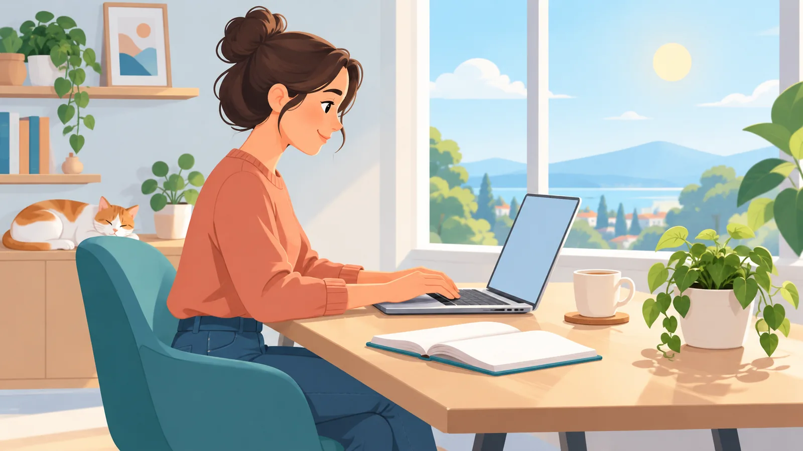Freelancer working at a home office laptop