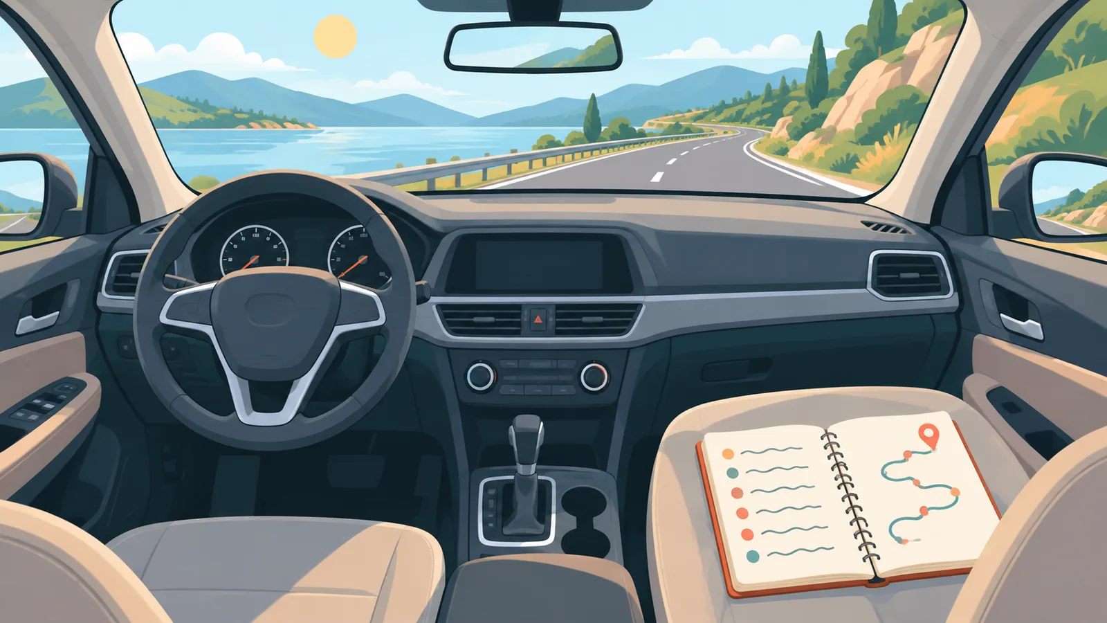 Car dashboard with a notebook mileage log