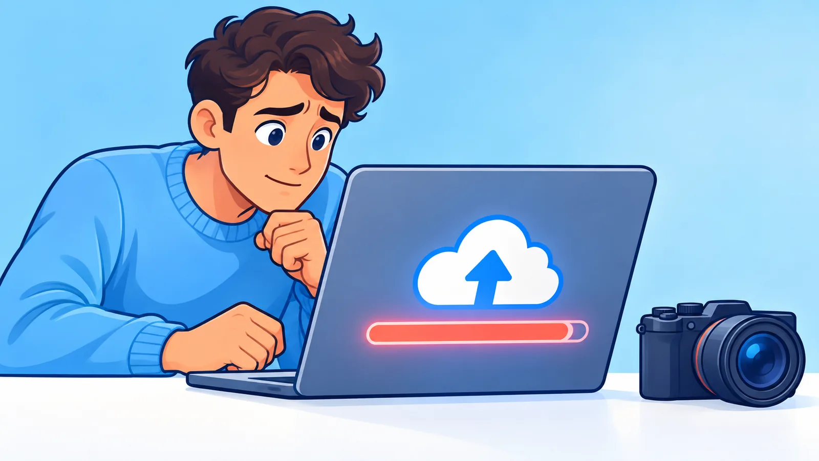 Creator uploading camera footage to cloud storage from a laptop