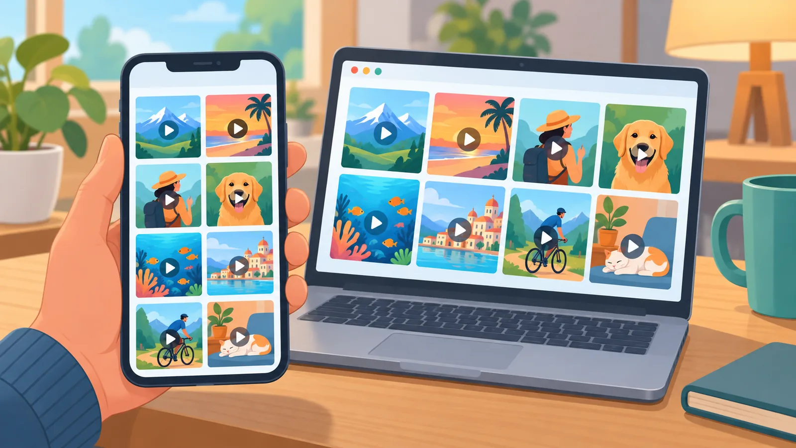Phone and laptop showing a library of video thumbnails