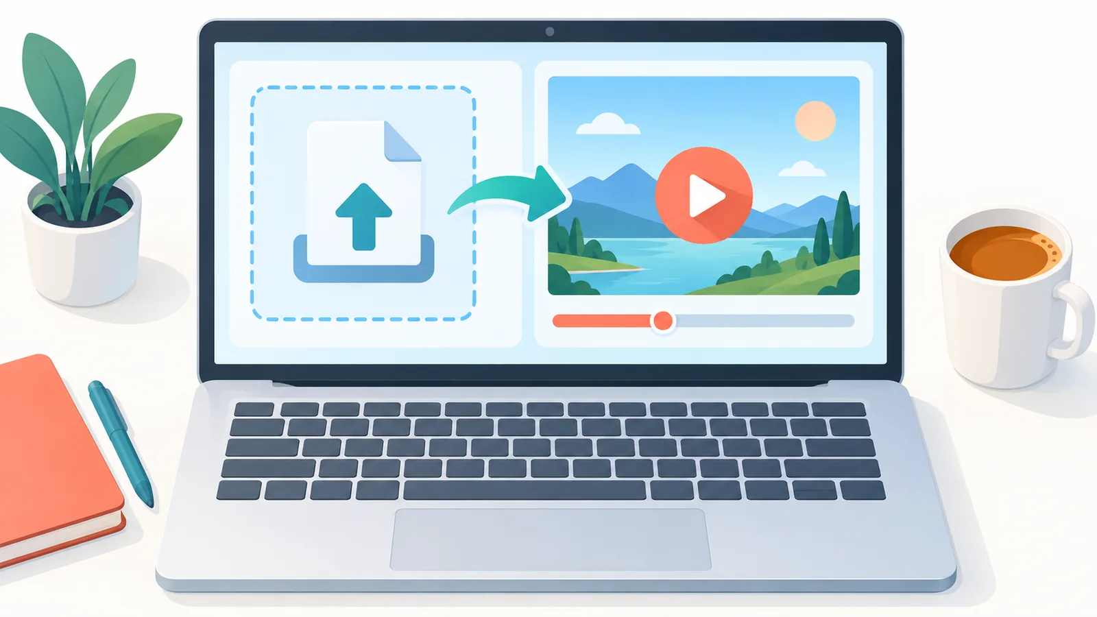 Laptop showing a finished upload next to a video that will not play
