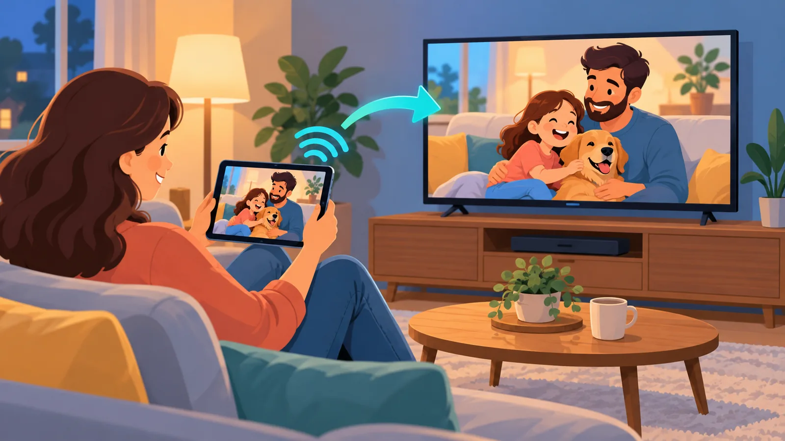 Person streaming a personal video library on a tablet at home