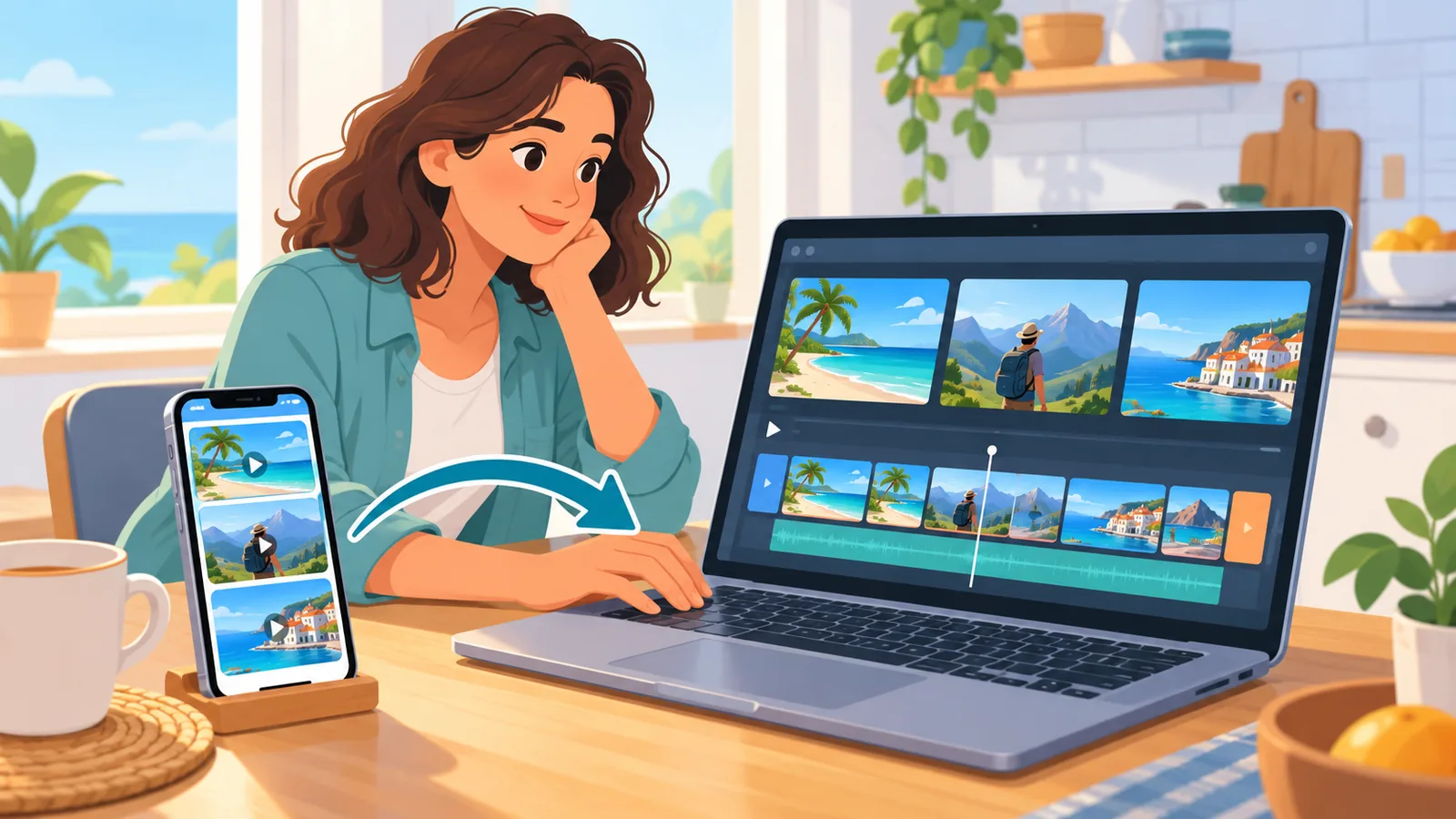 Person organizing everyday video clips on a laptop