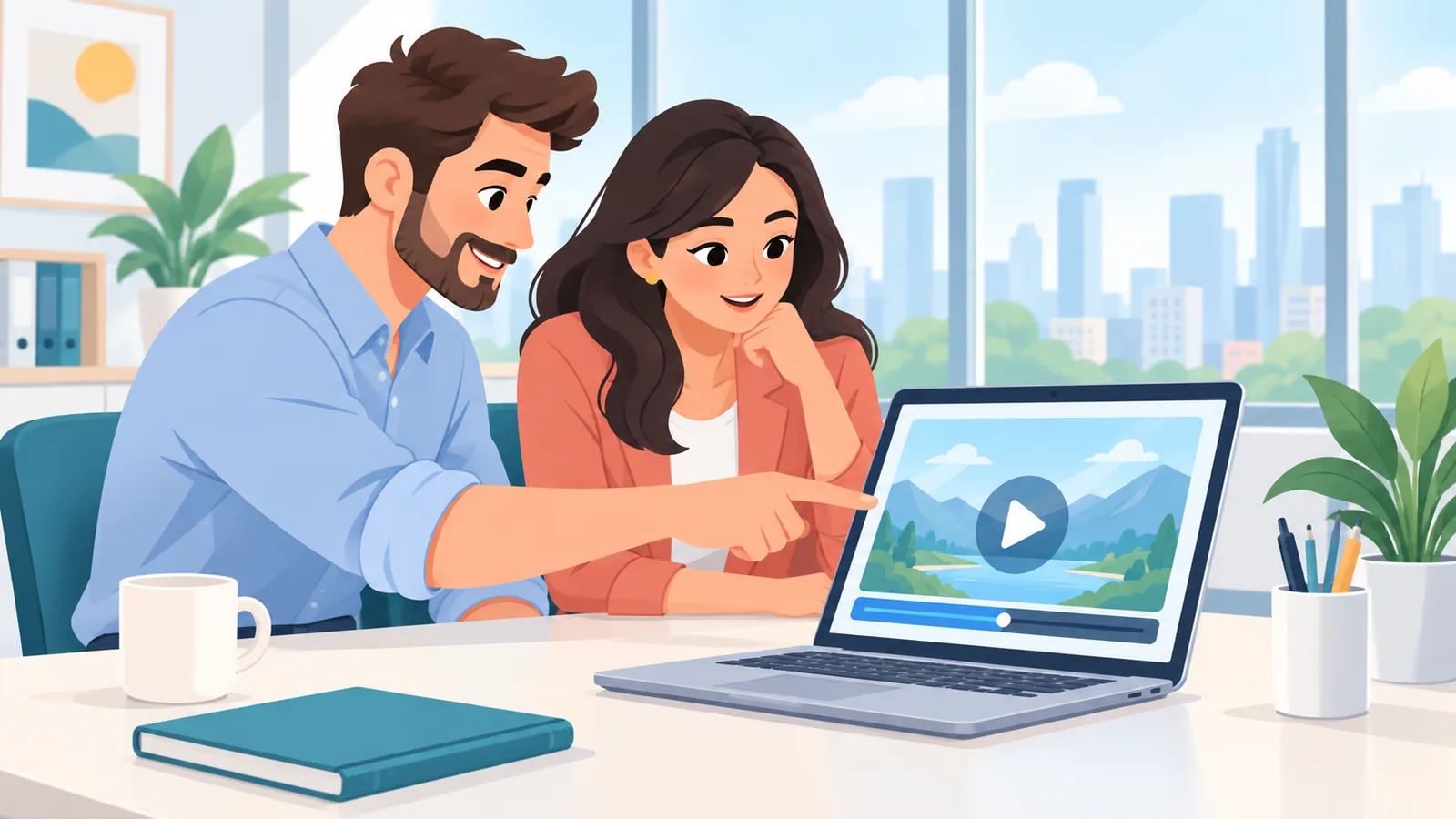 Two colleagues reviewing a shared video on a laptop
