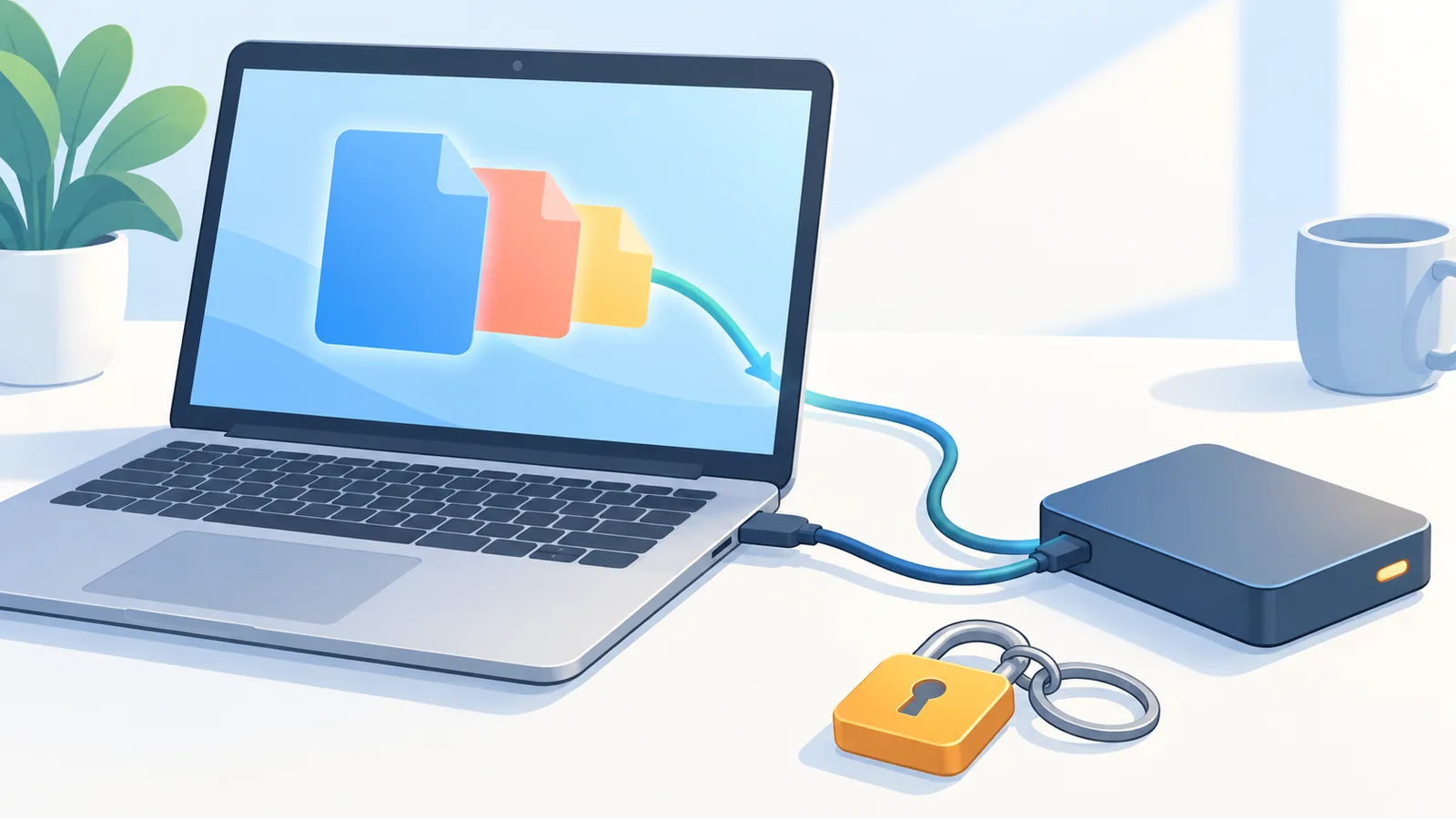 External hard drive next to a laptop as a backup copy