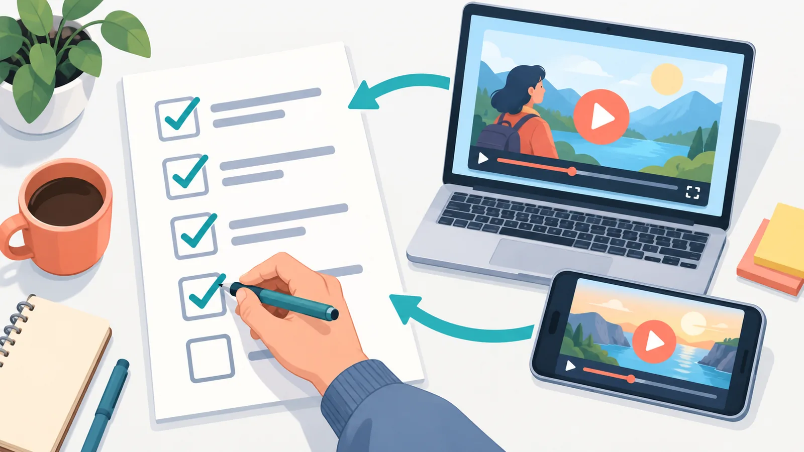 Person working through a checklist while testing a video