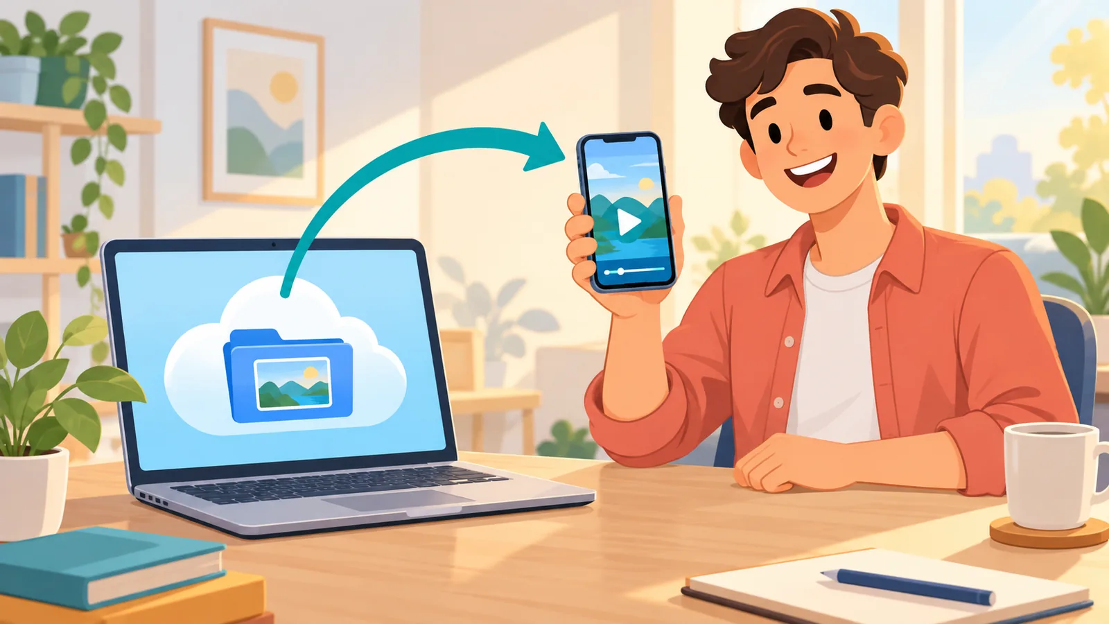 Person confirming a video plays on both phone and laptop