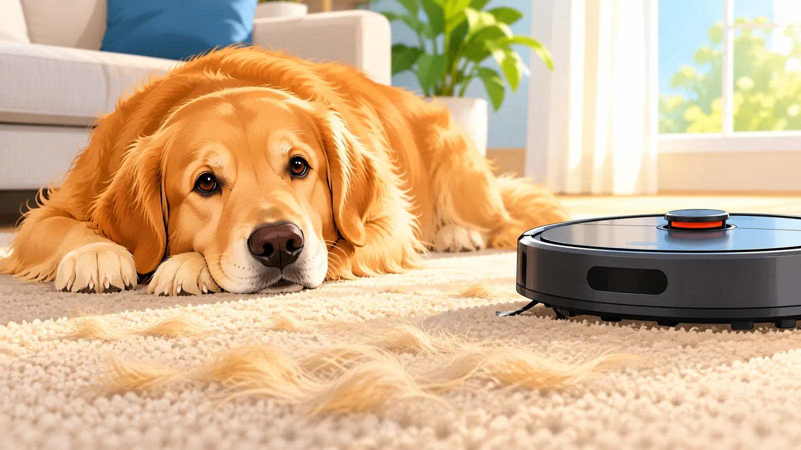 Golden retriever on a carpet with a robot vacuum nearby