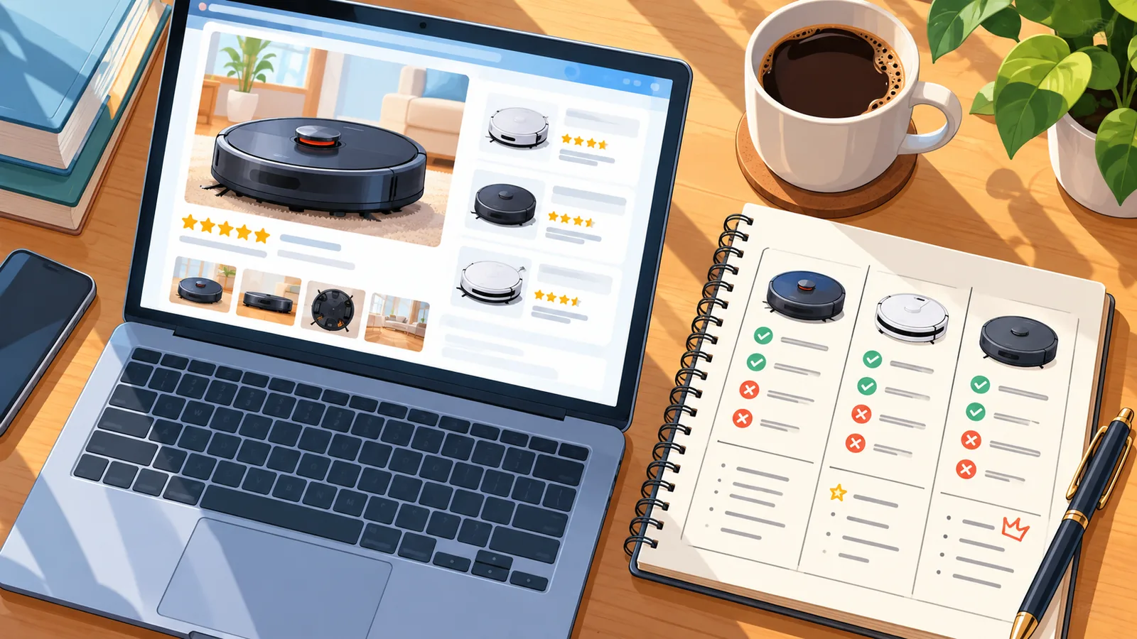 Desk with laptop and notes comparing robot vacuum reviews