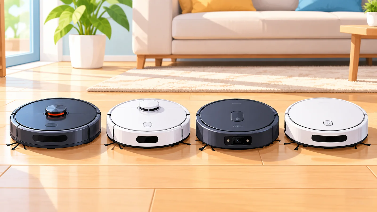Four robot vacuums lined up on a hardwood floor
