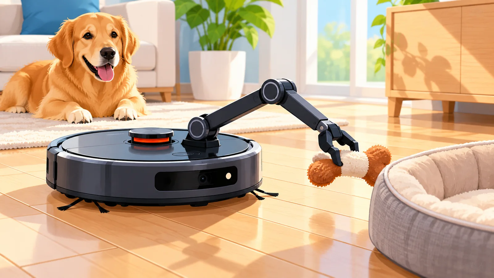 Robot vacuum with a mechanical arm moving a dog toy