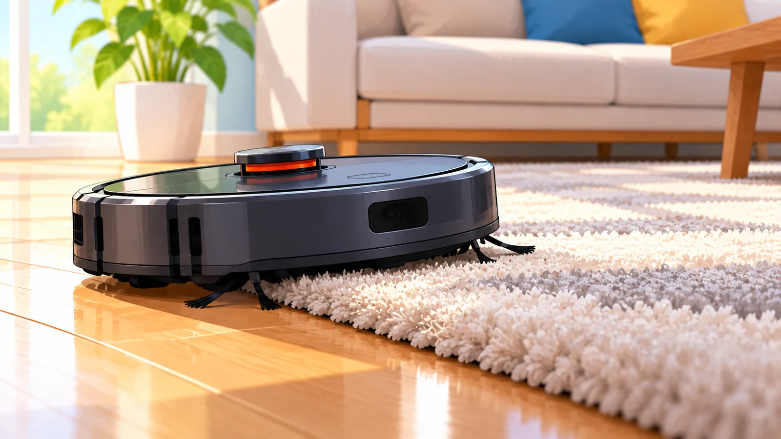 Robot vacuum moving from hardwood onto a rug