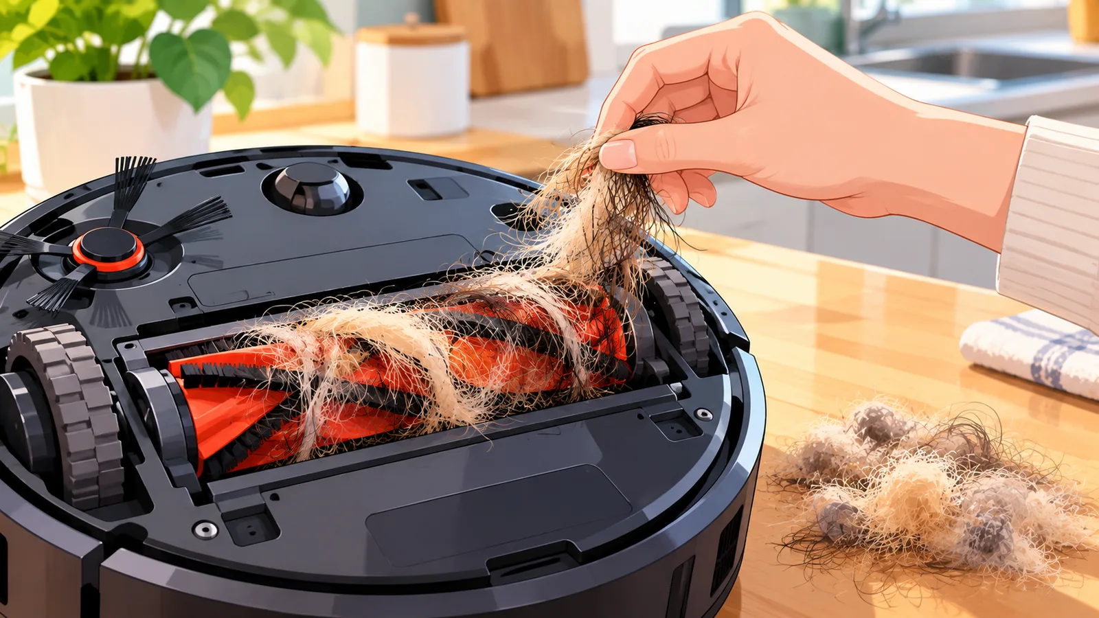 Hand removing tangled hair from a robot vacuum roller