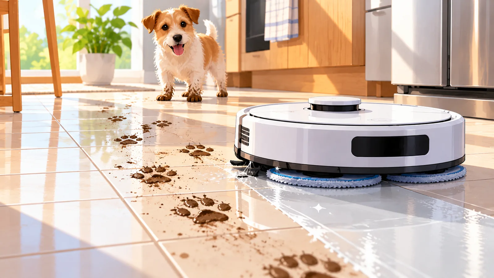 Robot vacuum mop cleaning near dog paw prints