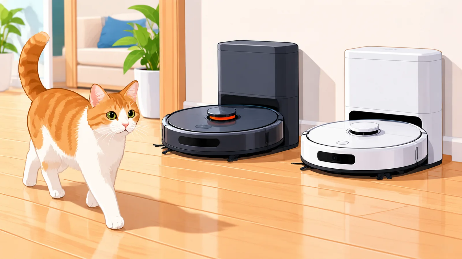 Two robot vacuums on charging docks with a cat nearby