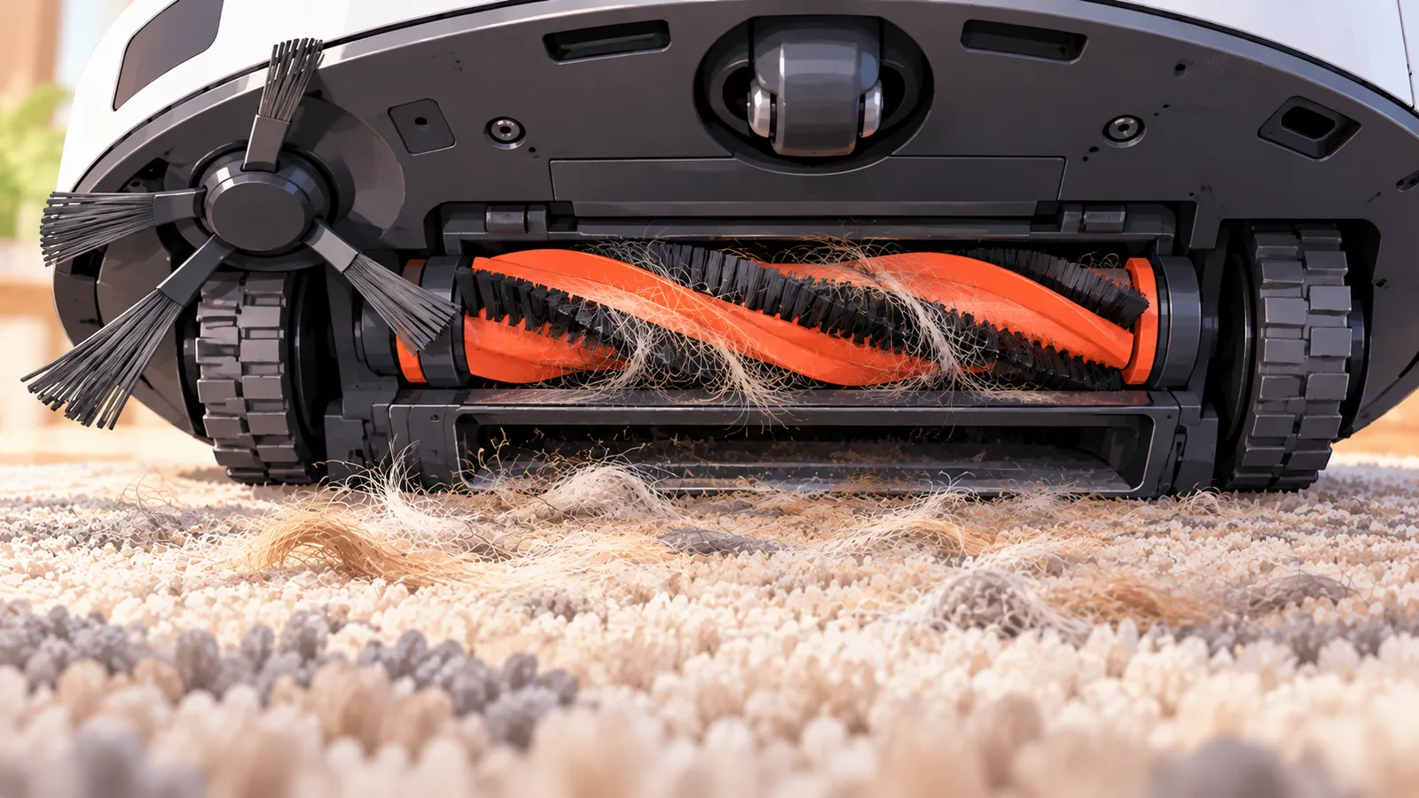 Underside of a robot vacuum on a carpet sample with pet fur