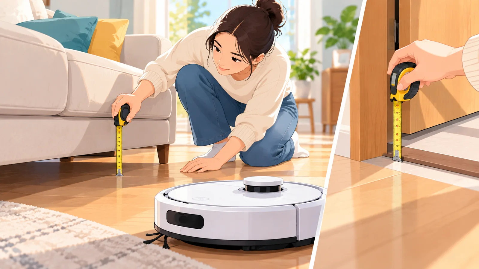 Person measuring sofa clearance for a robot vacuum