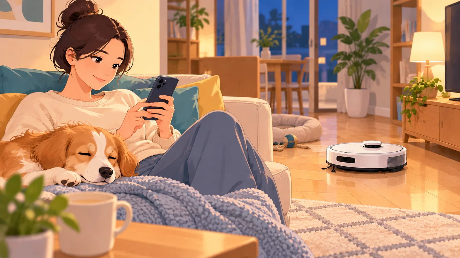 Pet owner on a sofa while a robot vacuum cleans