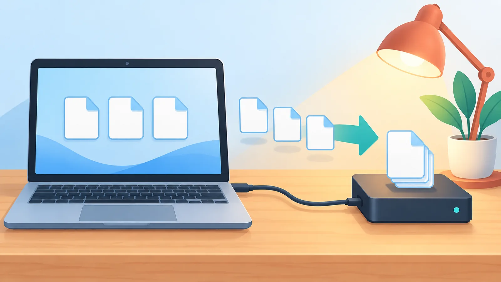 External hard drive connected to a laptop for backup