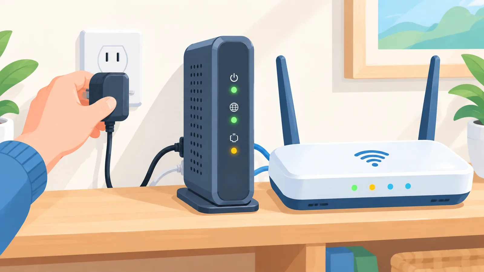 Hand plugging in a modem power adapter next to a Wi-Fi router