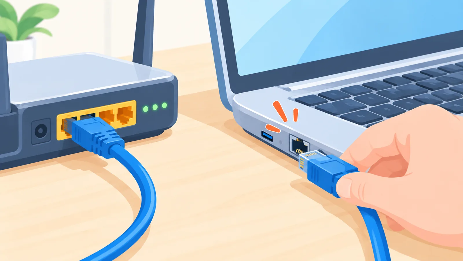 Ethernet cable firmly connected between a laptop and a router