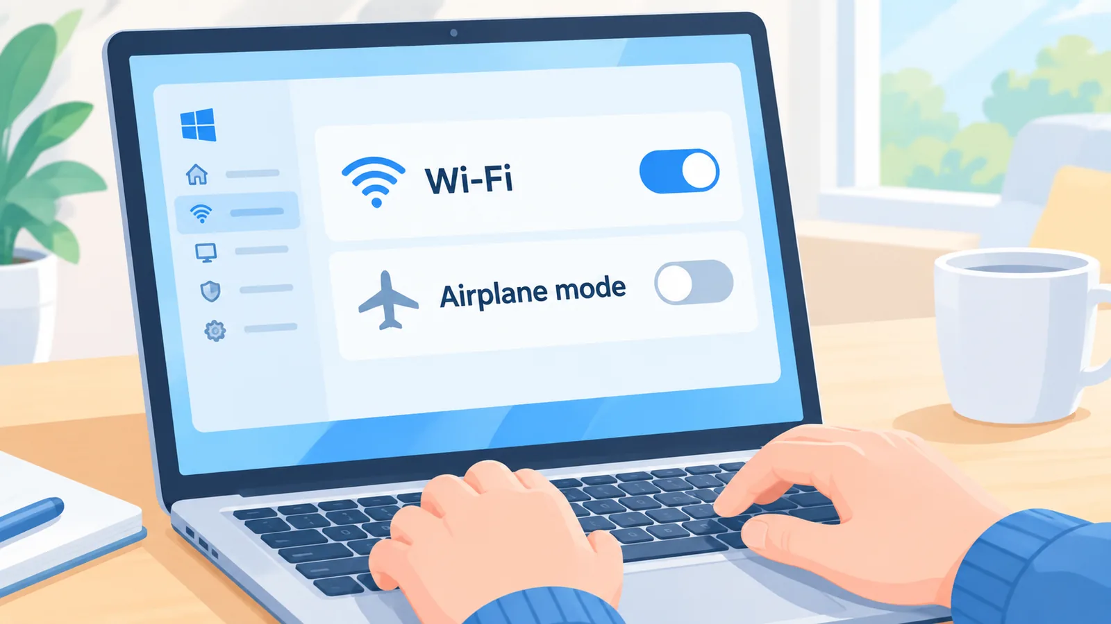 Windows network settings screen with Wi-Fi and Airplane mode toggles