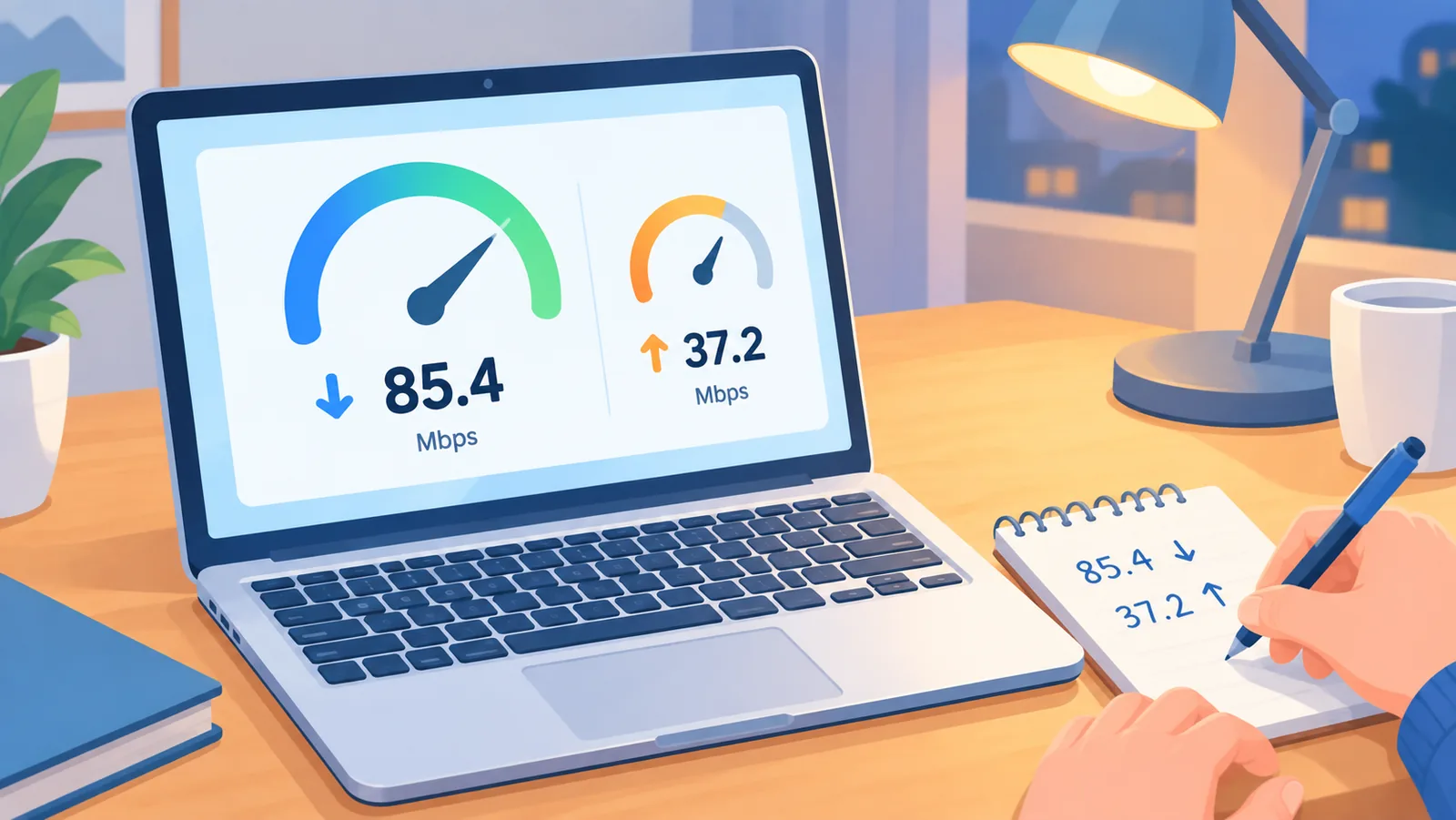 Speed test results on a laptop with handwritten notes beside it