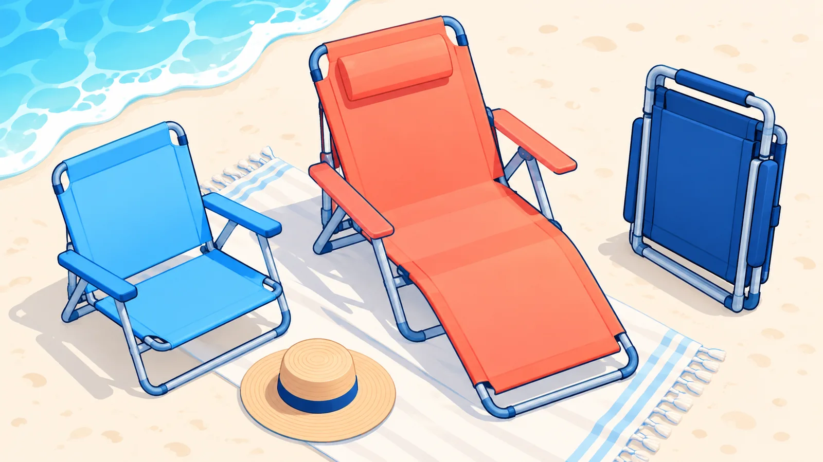Three folding beach chairs laid out side by side on pale sand in morning light