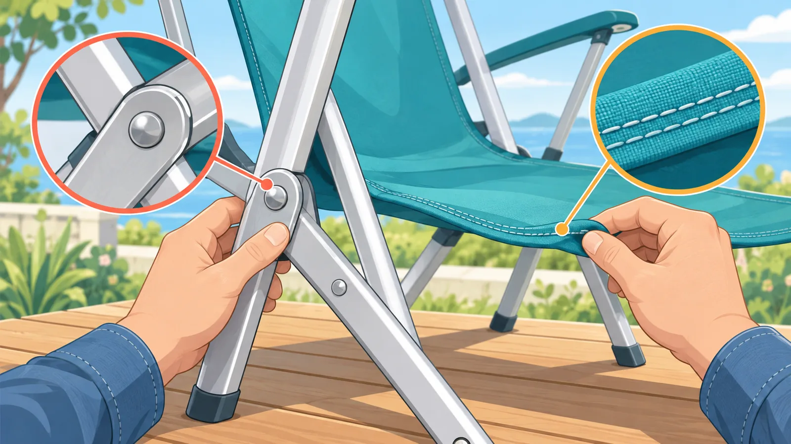 Close-up of hands checking the hinge and fabric stitching on a folding beach chair