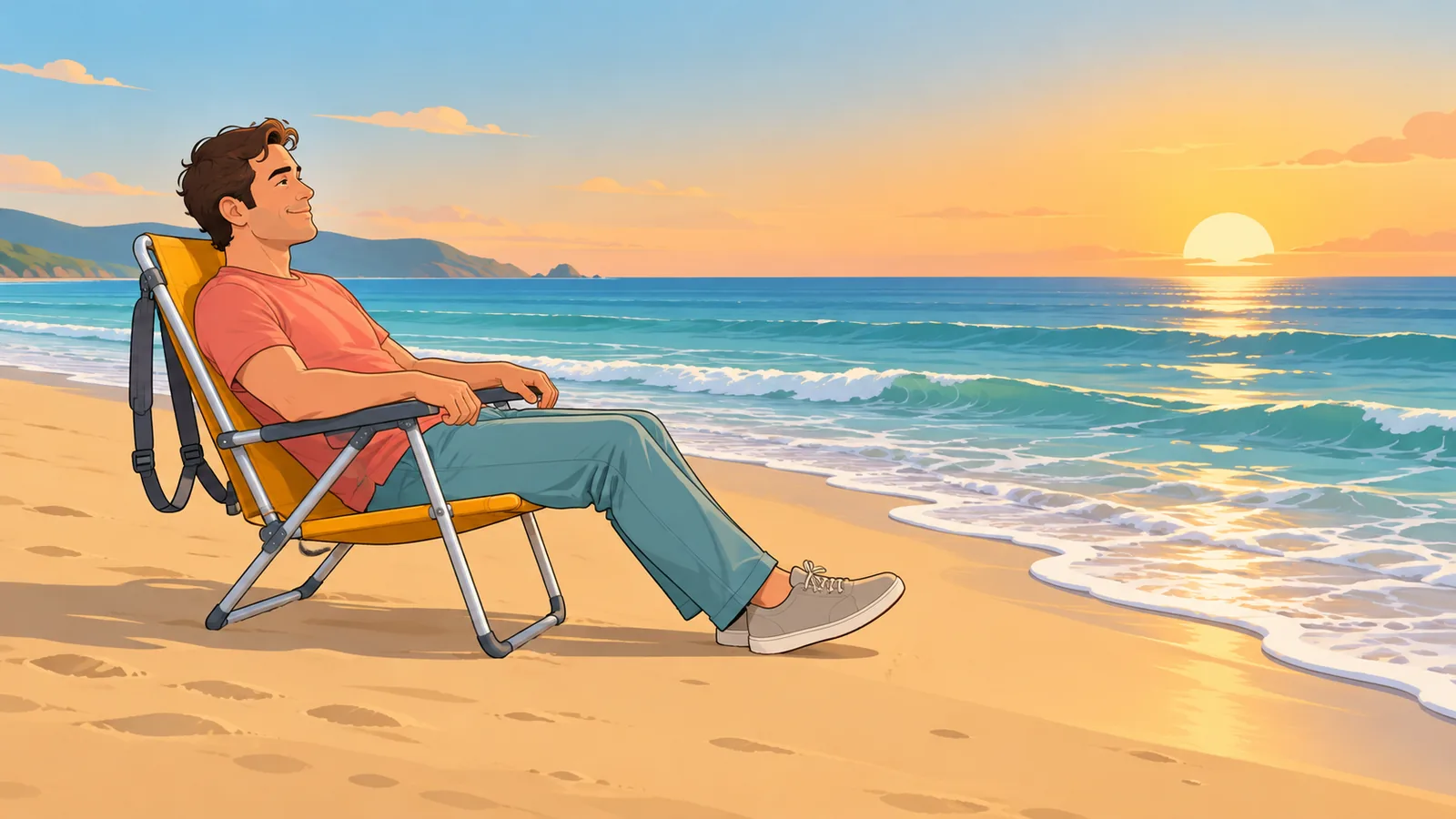 Person reclining in a backpack-style beach chair at the water edge