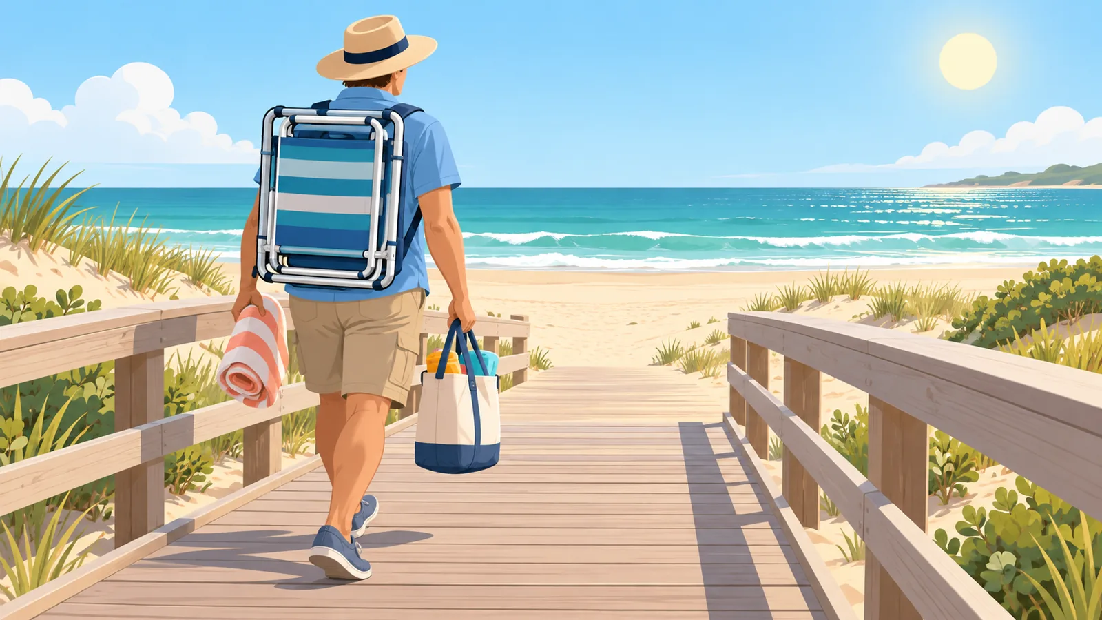 Beachgoer carrying a folded backpack beach chair across a sandy path
