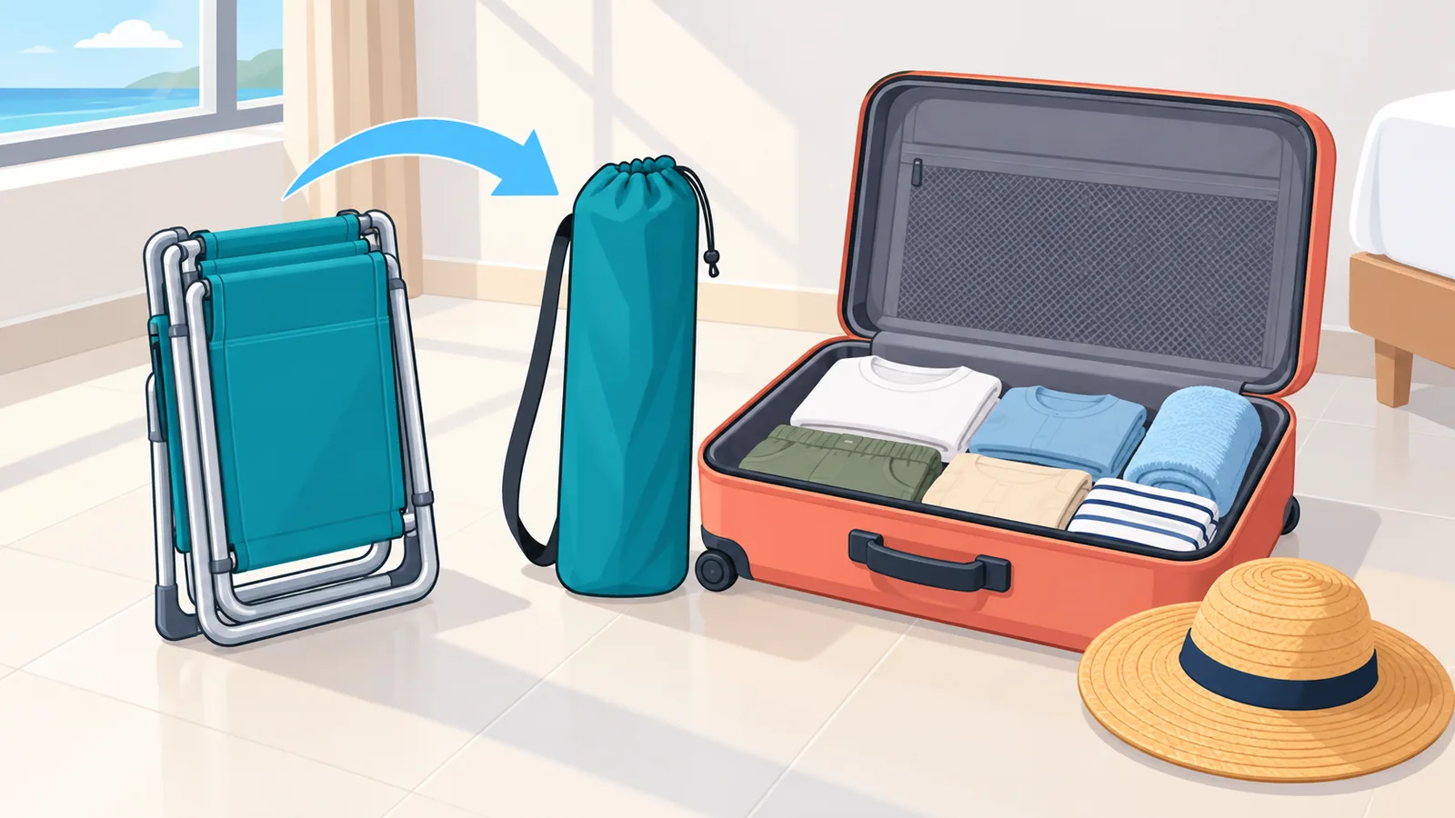 Compact folded sling beach chair next to a carry bag and a suitcase