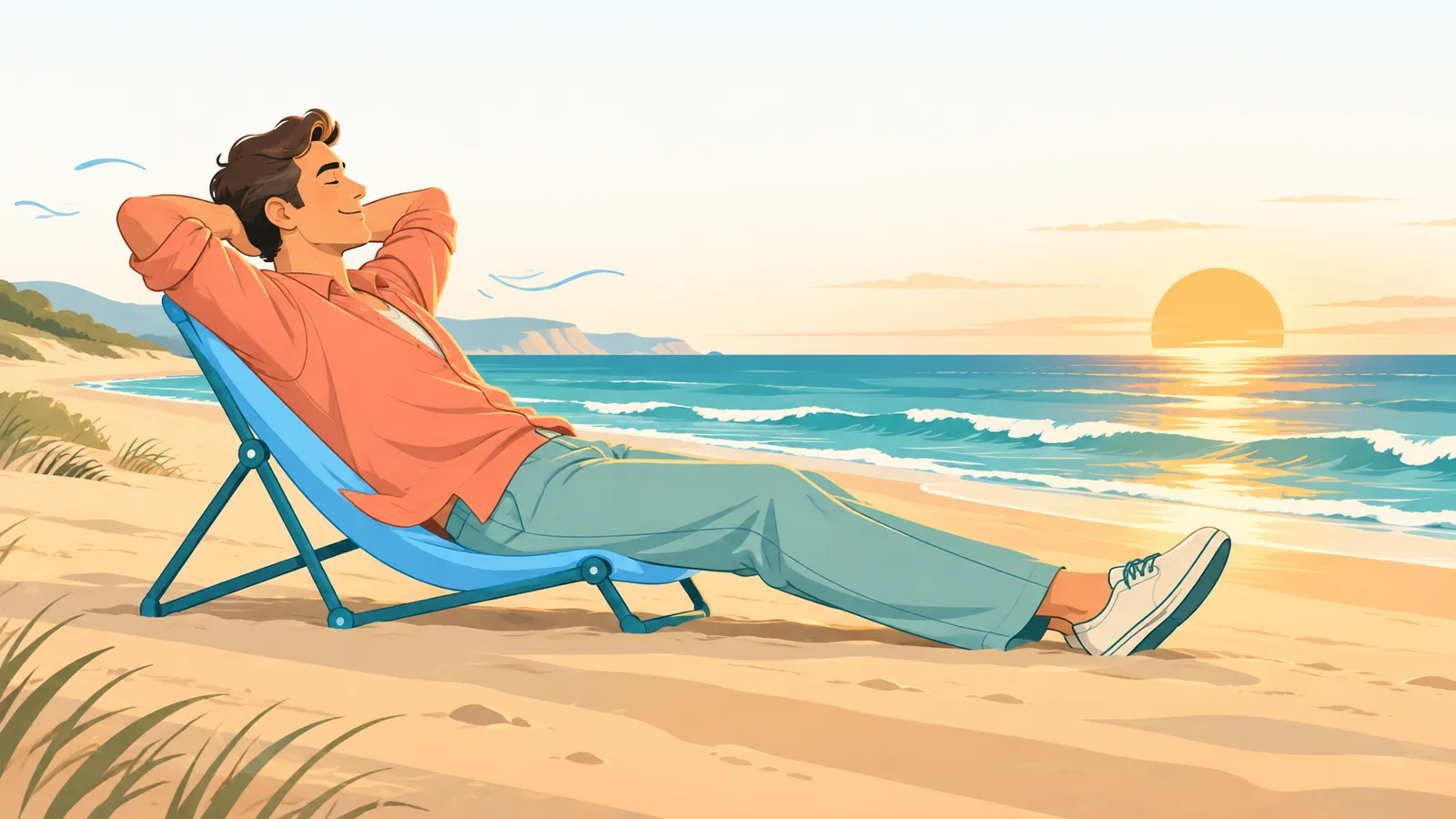 Low sling beach chair on soft sand with a person stretching their legs out