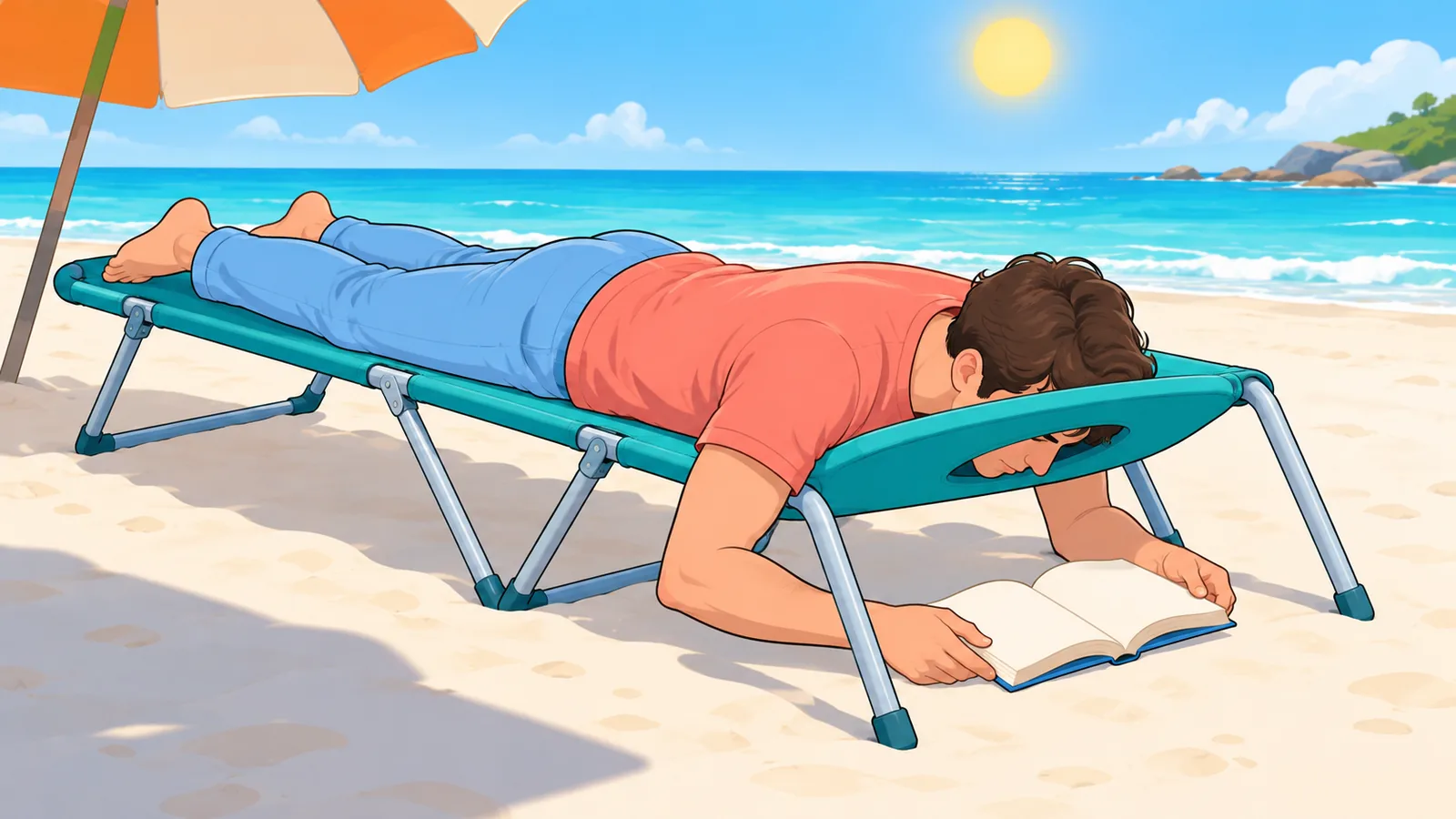 Face-down folding beach lounger with a person reading on the sand