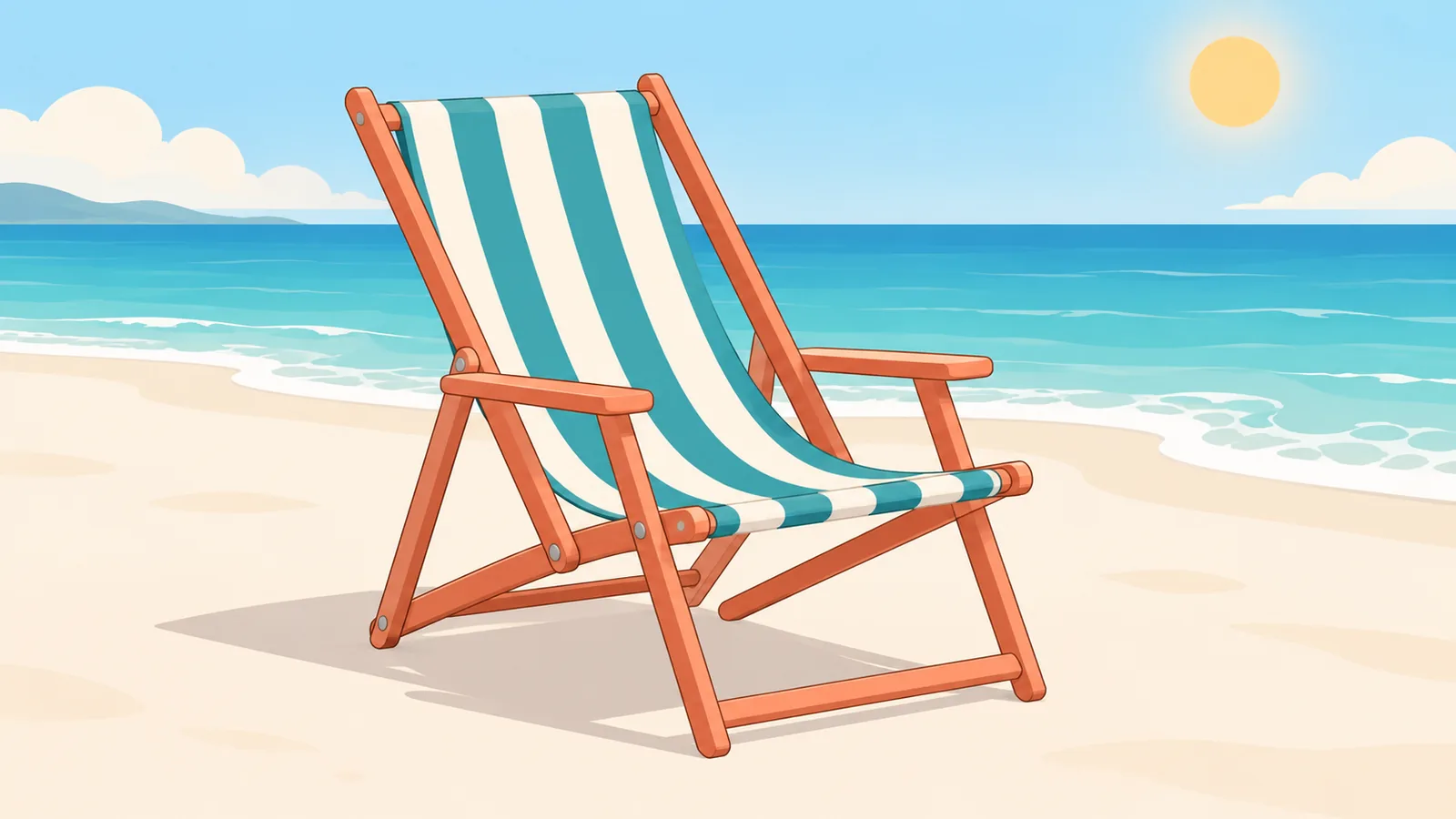 Simple folding beach chair with a basic frame on a sunny shoreline