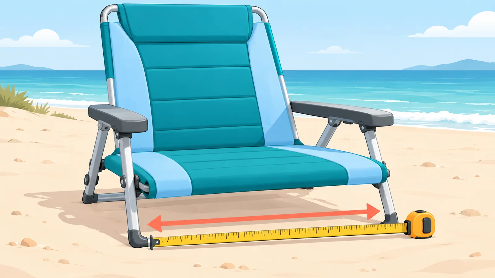 Sturdy wide beach chair with a tall back beside a tape measure