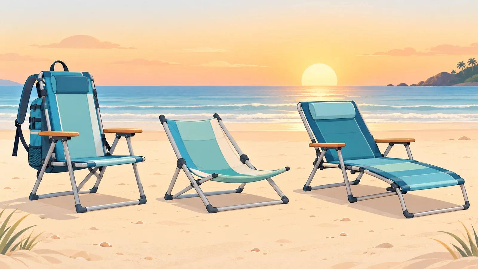 Three different beach chairs lined up on the sand for comparison
