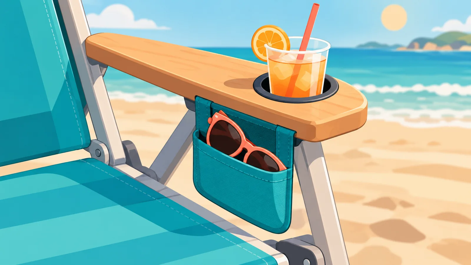 Close-up of a beach chair armrest with a cup holder and a pocket