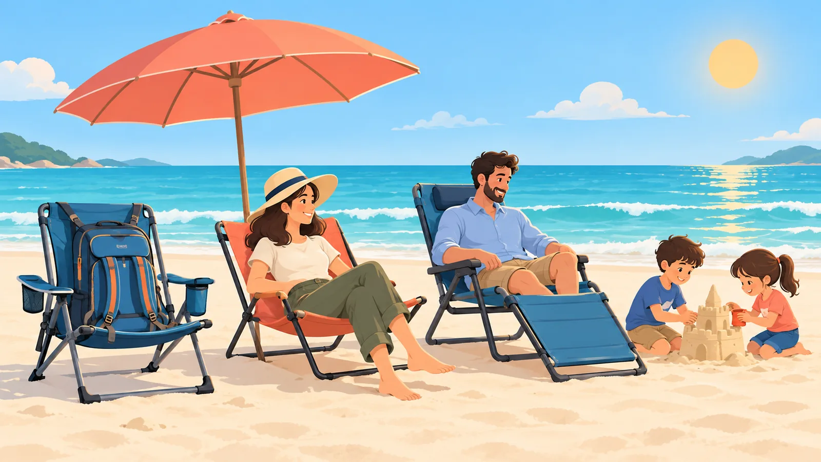 Family beach scene with several types of chairs in use
