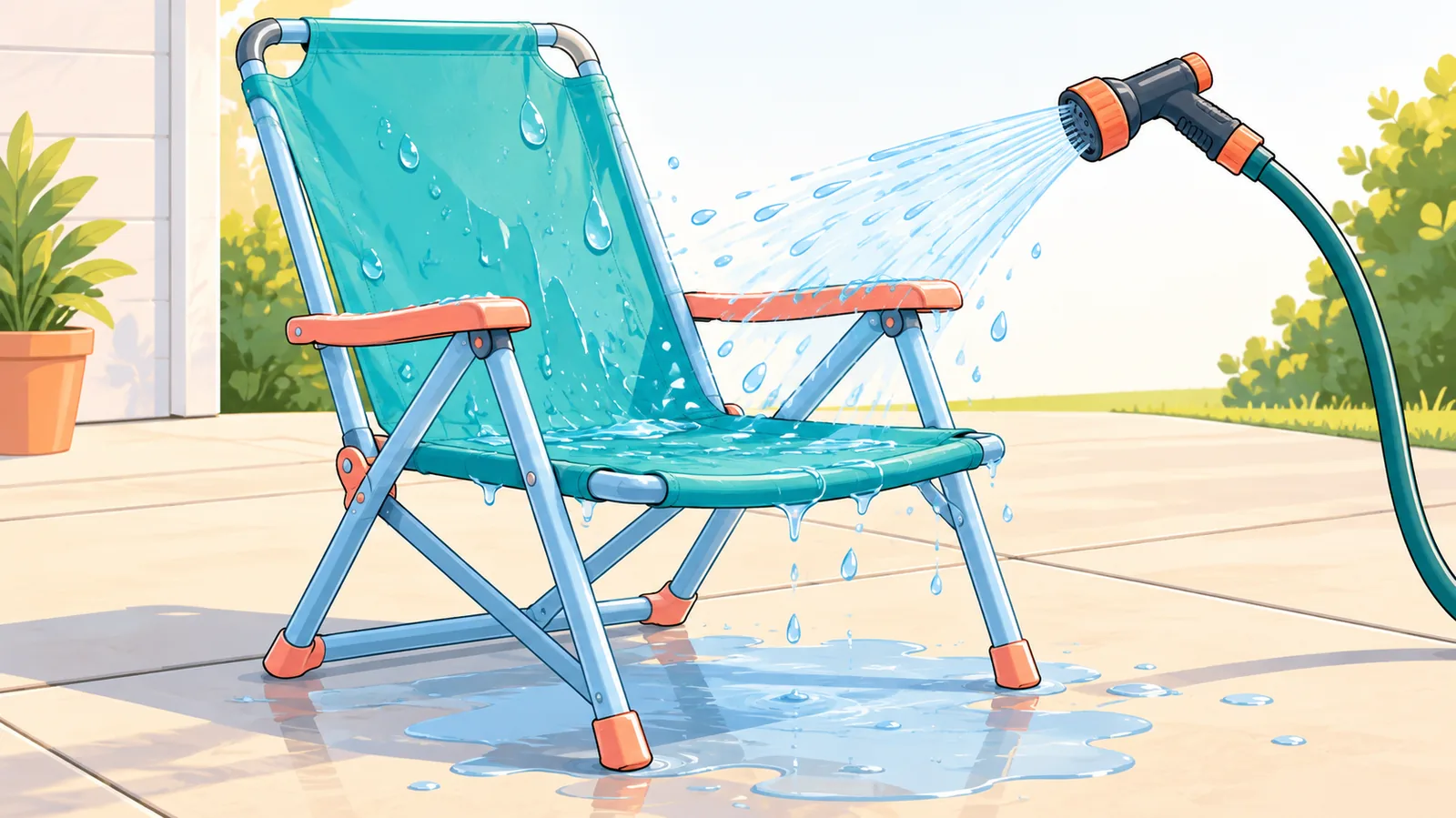 Beach chair being rinsed with a garden hose on a sunny driveway