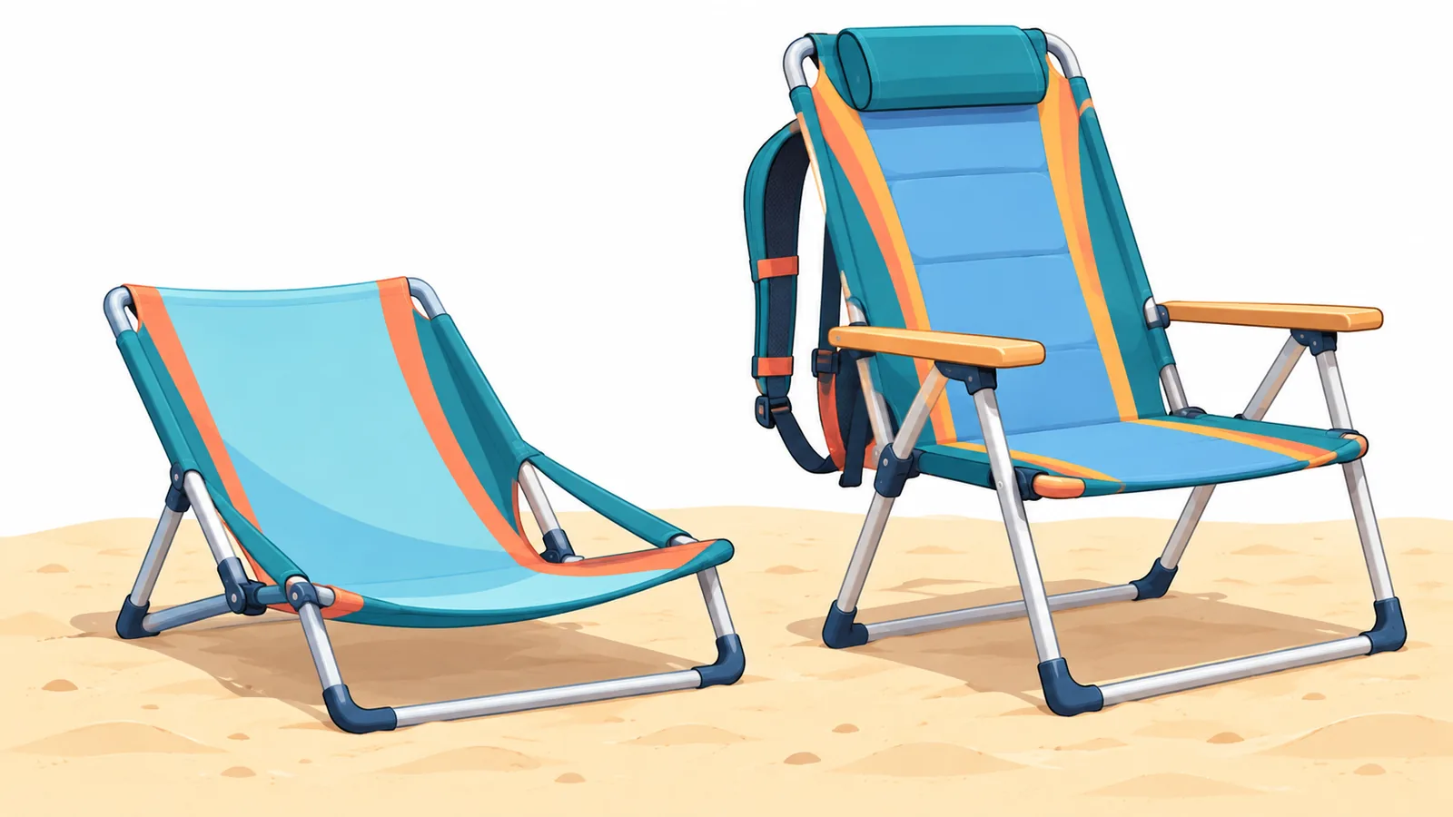 Two beach chairs of different heights side by side on sand